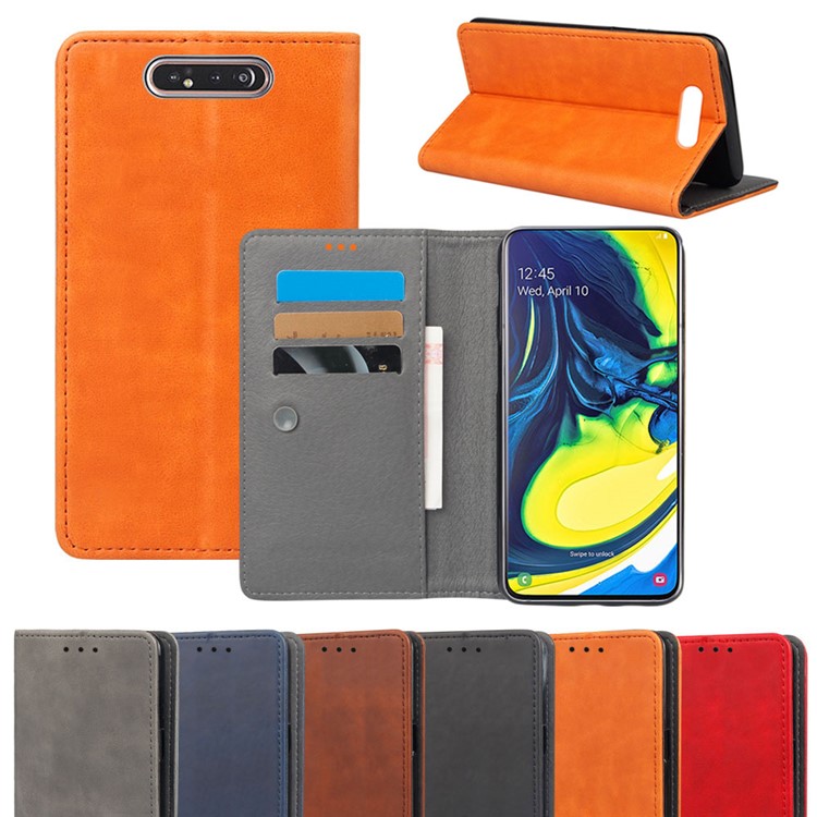 Sucker Closure Crazy Horse Leather Wallet Mobile Case for Samsung Galaxy A80/A90 - Orange-5