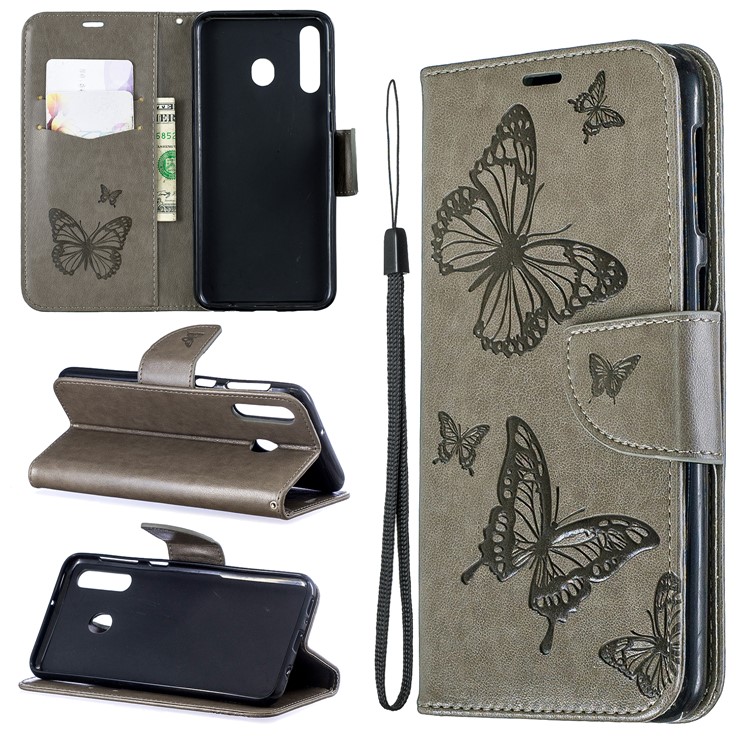 Imprint Butterfly Wallet Stand PU Leather Phone Case for Samsung Galaxy M30 - Grey-1