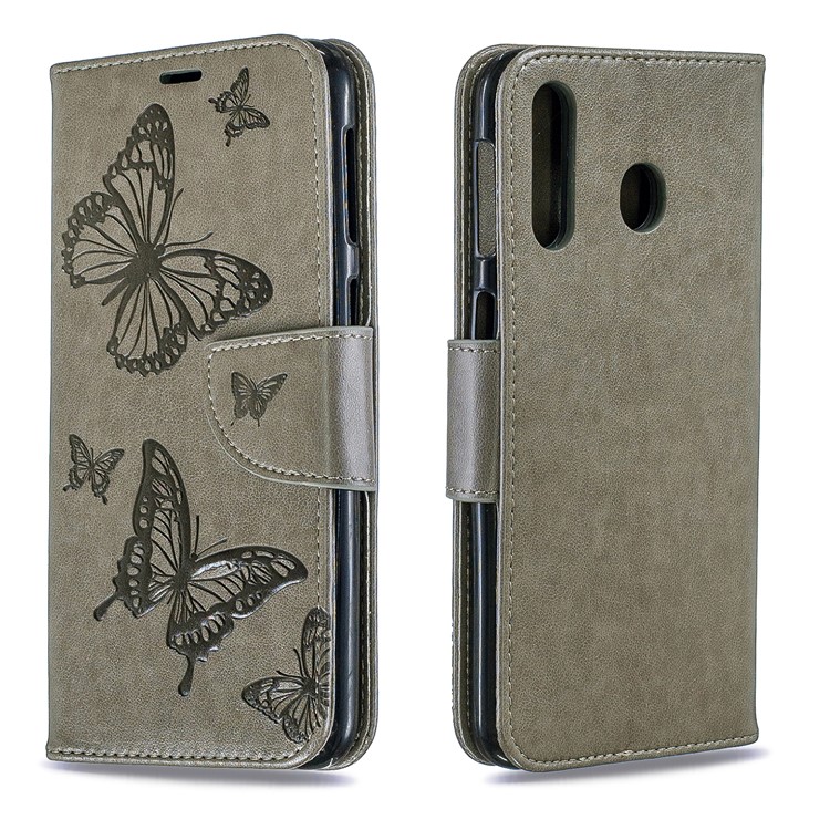 Imprint Butterfly Wallet Stand PU Leather Phone Case for Samsung Galaxy M30 - Grey-4