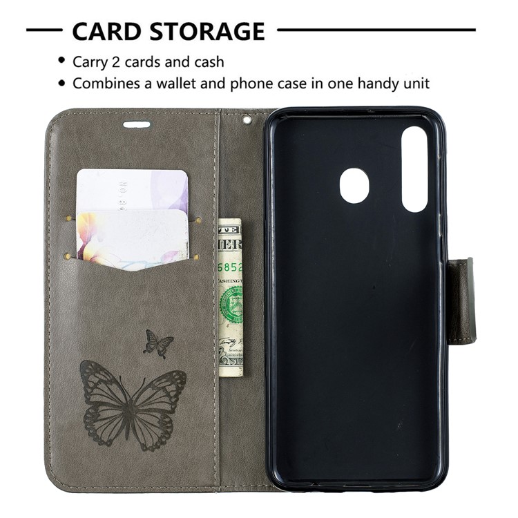 Imprint Butterfly Wallet Stand PU Leather Phone Case for Samsung Galaxy M30 - Grey-6