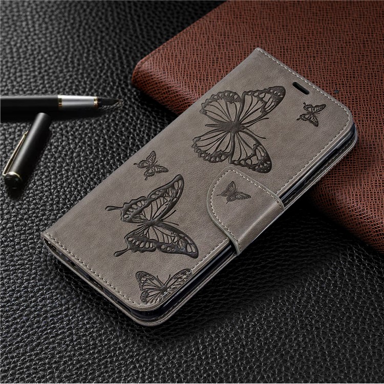 Imprint Butterfly Wallet Stand PU Leather Phone Case for Samsung Galaxy M30 - Grey-7