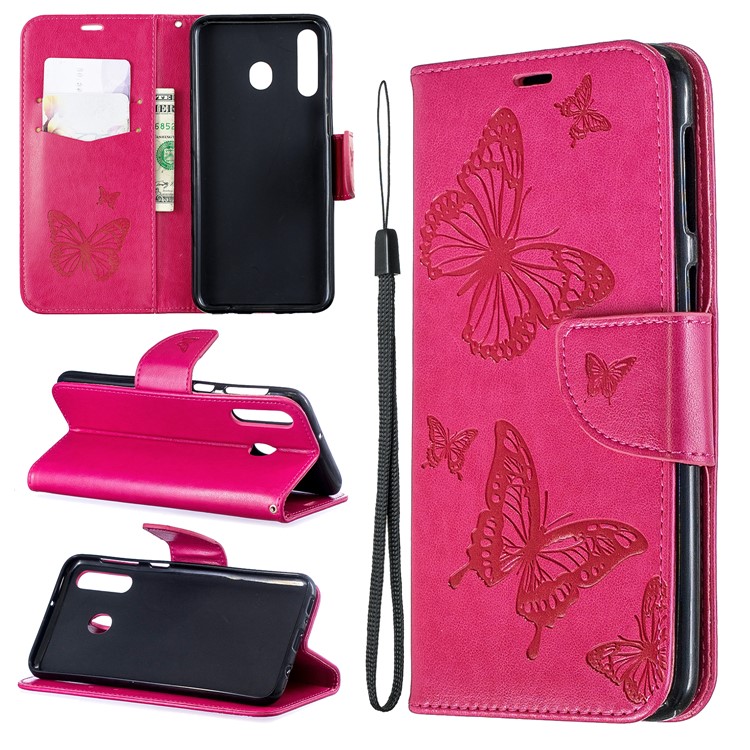 Imprint Butterfly Wallet Stand PU Leather Phone Case for Samsung Galaxy M30 - Rose-1