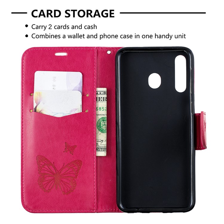 Imprint Butterfly Wallet Stand PU Leather Phone Case for Samsung Galaxy M30 - Rose-6