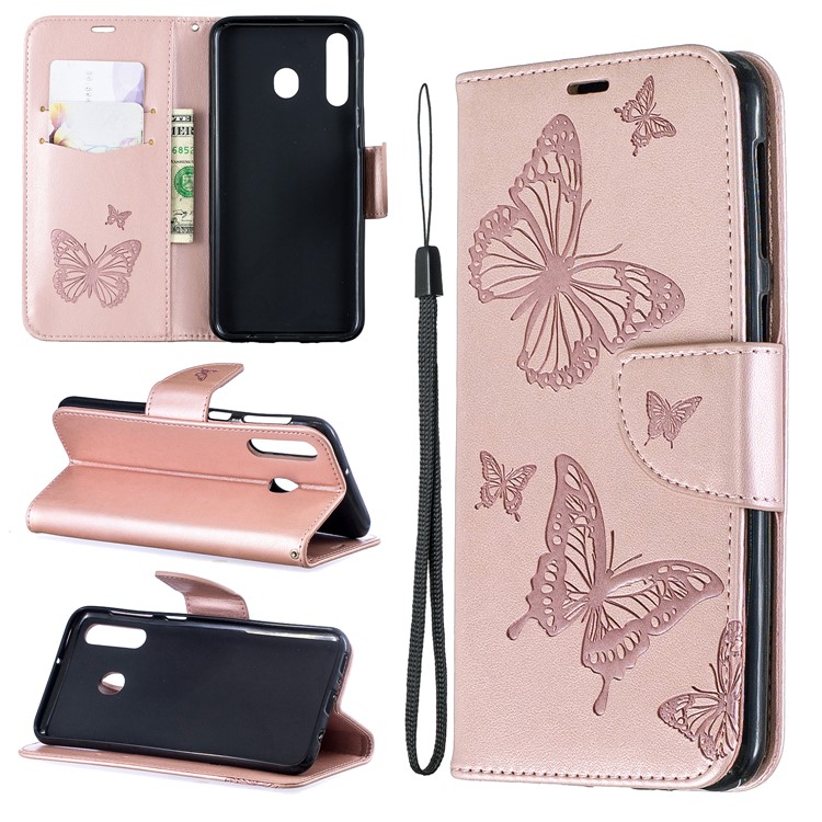 Support De Portefeuille Papillon Étui En Cuir PU Pour Samsung Galaxy M30 - Or Rose-1