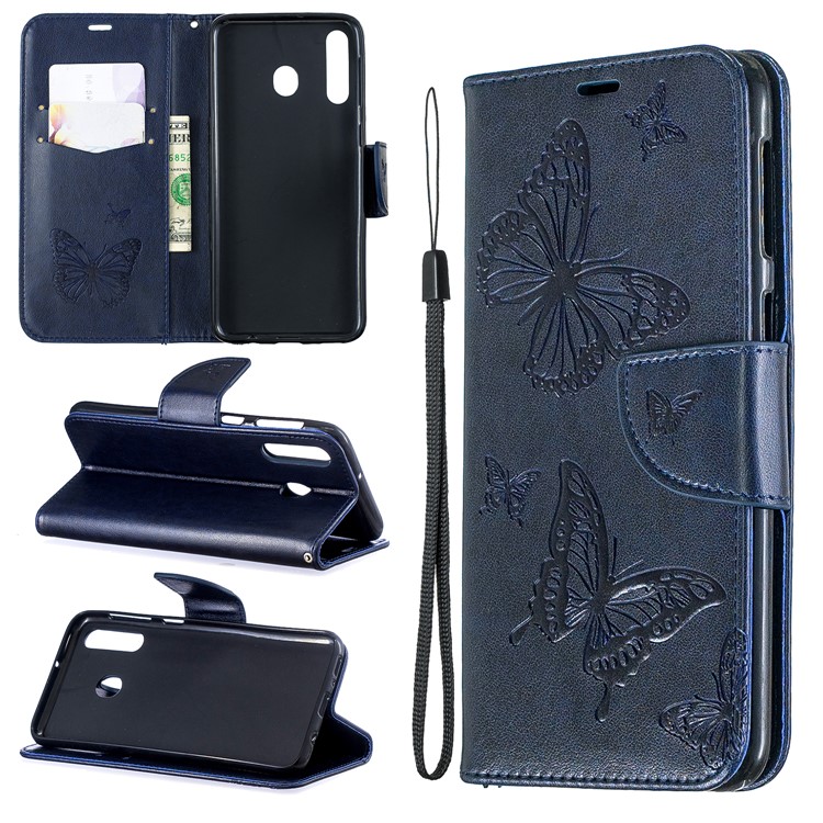 Imprint Butterfly Wallet Stand PU Leather Phone Case for Samsung Galaxy M30 - Dark Blue-1