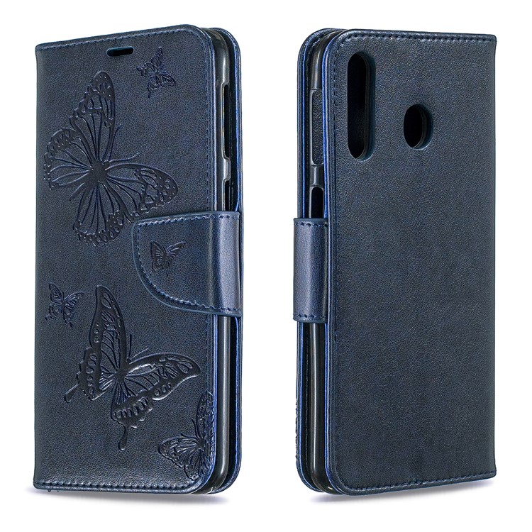 Imprint Butterfly Wallet Stand PU Leather Phone Case for Samsung Galaxy M30 - Dark Blue-4