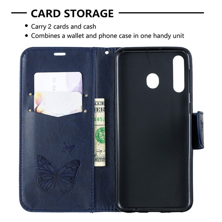 Imprint Butterfly Wallet Stand PU Leather Phone Case for Samsung Galaxy M30 - Dark Blue-6