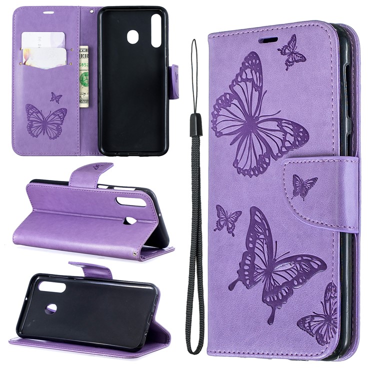 Imprint Butterfly Wallet Stand PU Leather Phone Case for Samsung Galaxy M30 - Purple-1