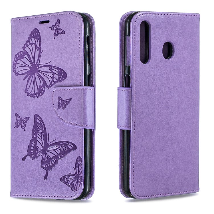 Imprint Butterfly Wallet Stand PU Leather Phone Case for Samsung Galaxy M30 - Purple-4