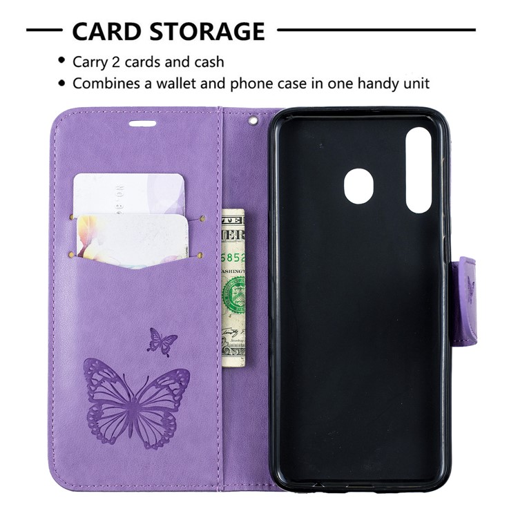 Imprint Butterfly Wallet Stand PU Leather Phone Case for Samsung Galaxy M30 - Purple-6