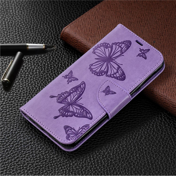 Imprint Butterfly Wallet Stand PU Leather Phone Case for Samsung Galaxy M30 - Purple-7
