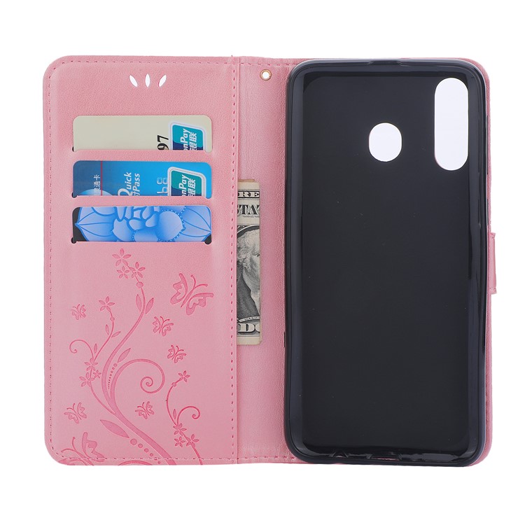 Para Samsung Galaxy M30 / A40s Impresión Mariposa Flor Cuero Billetera Cubierta De La Caja Del Teléfono - Rosado-3