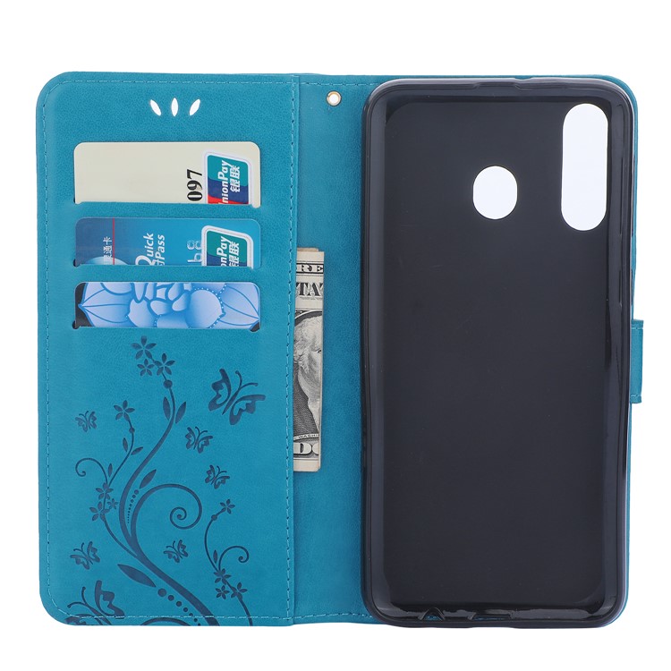 For Samsung Galaxy M30 / A40s Imprint Butterfly Flower Leather Wallet Case Cover Phone - Blue-3