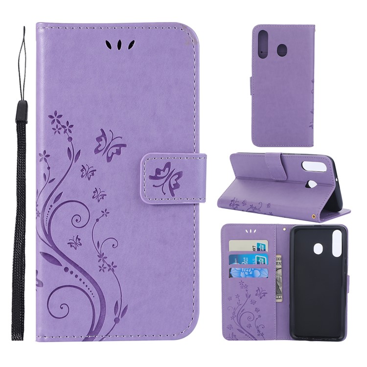 For Samsung Galaxy M30 / A40s Imprint Butterfly Flower Leather Wallet Case Cover Phone - Purple-1
