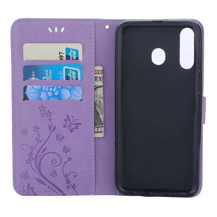 For Samsung Galaxy M30 / A40s Imprint Butterfly Flower Leather Wallet Case Cover Phone - Purple-3