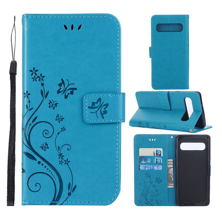 For Samsung Galaxy S10 5G Imprint Butterfly Flower Leather Wallet Case Cover Phone - Blue-1