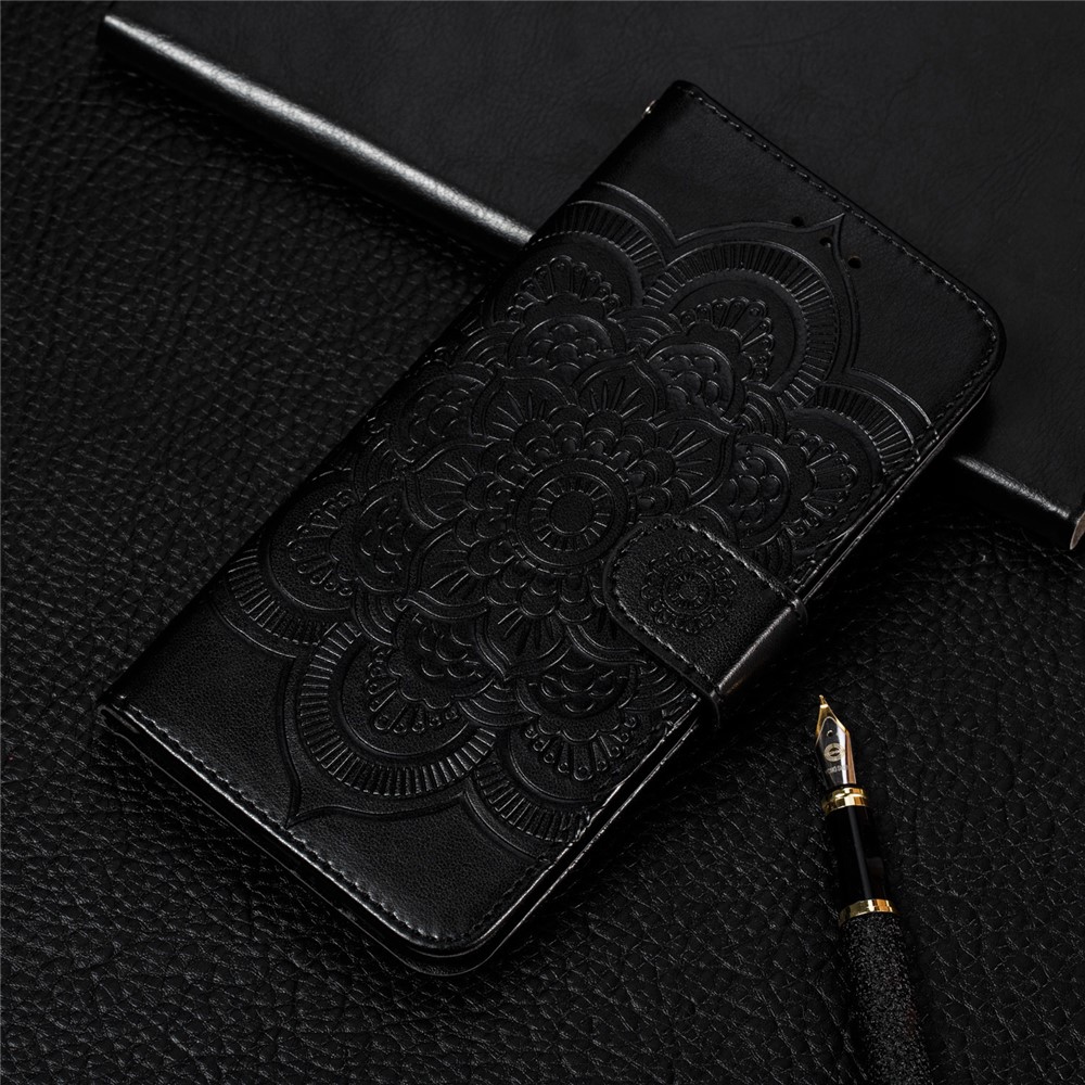 For Samsung Galaxy A50 Imprint Mandala Flower Leather Wallet Case Phone Cover - Black-11