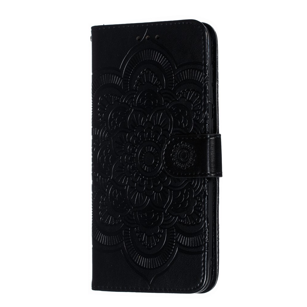 For Samsung Galaxy A50 Imprint Mandala Flower Leather Wallet Case Phone Cover - Black-3