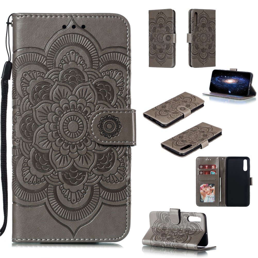 For Samsung Galaxy A50/A50s/A30s Imprint Mandala Flower Leather Wallet Case Phone Cover - Grey-1