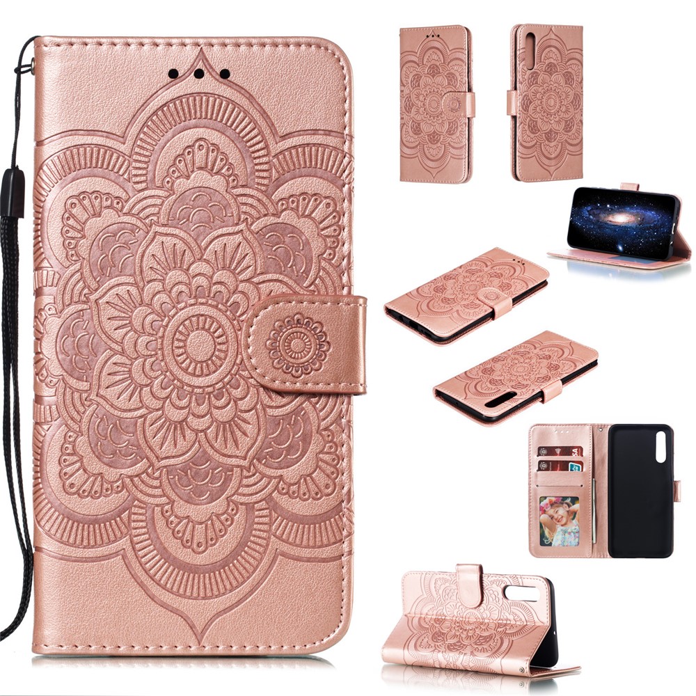 For Samsung Galaxy A50/A50s/A30s Imprint Mandala Flower Leather Wallet Case Phone Cover - Rose Gold-1