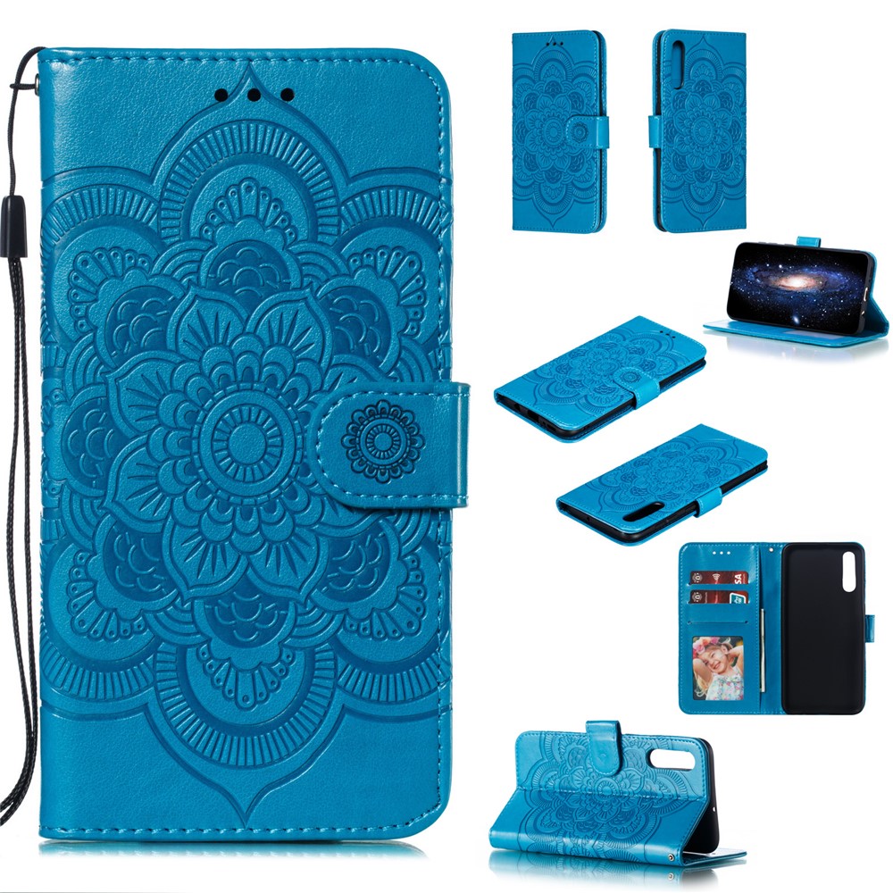 Para Samsung Galaxy A50 Impressão Mandala Flor Carteira De Couro Caso Tampa Do Telefone - Azul-1