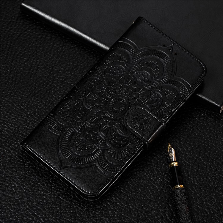 For Samsung Galaxy M10 Imprint Mandala Flower Wallet Leather Cover Phone Case - Black-11