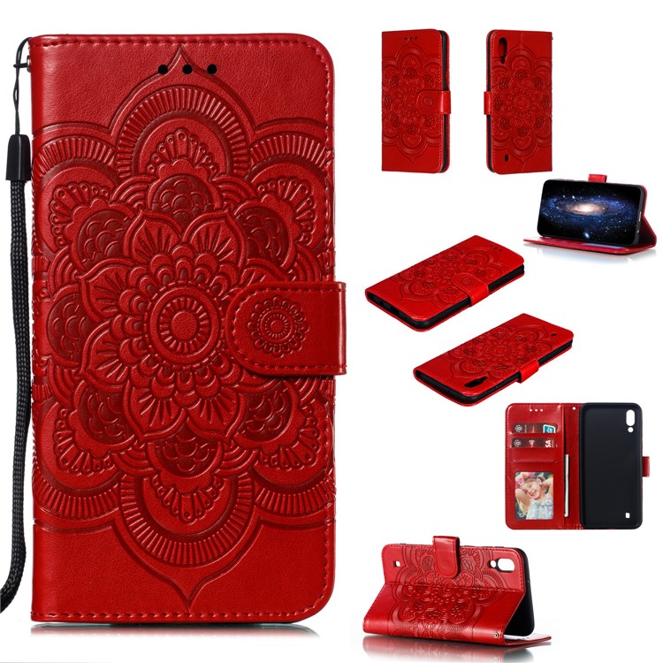 For Samsung Galaxy M10 Imprint Mandala Flower Wallet Leather Cover Phone Case - Red-1