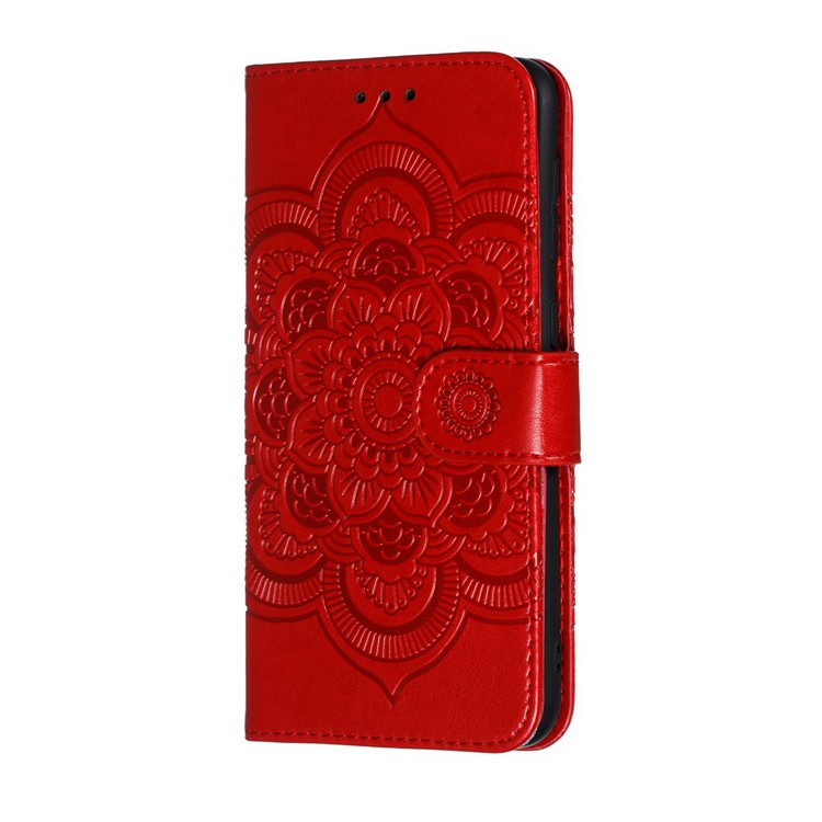 For Samsung Galaxy M10 Imprint Mandala Flower Wallet Leather Cover Phone Case - Red-3