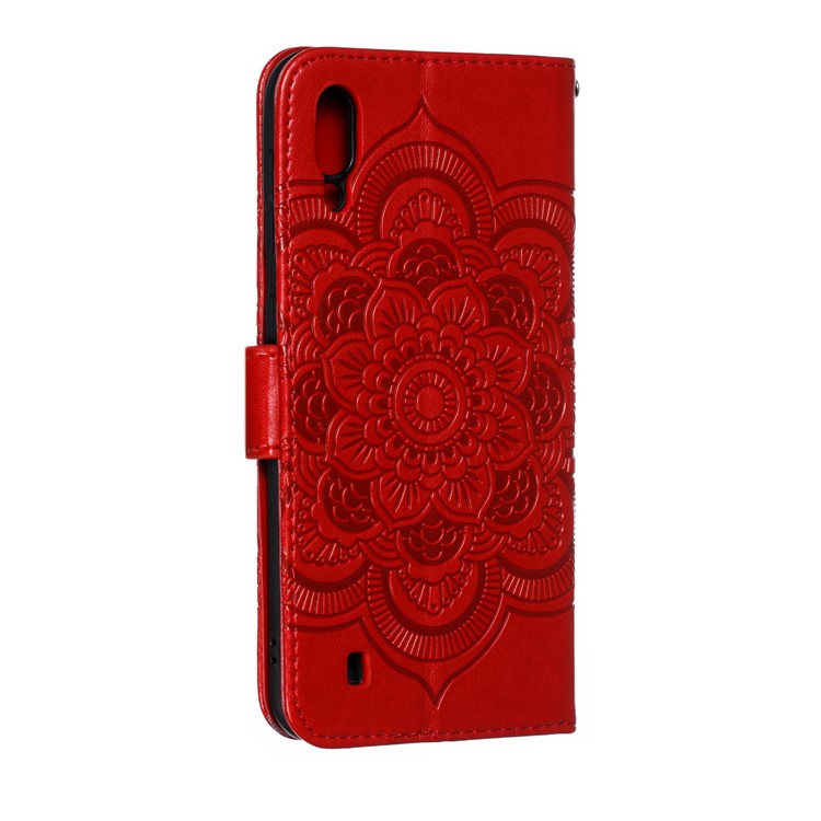 For Samsung Galaxy M10 Imprint Mandala Flower Wallet Leather Cover Phone Case - Red-4