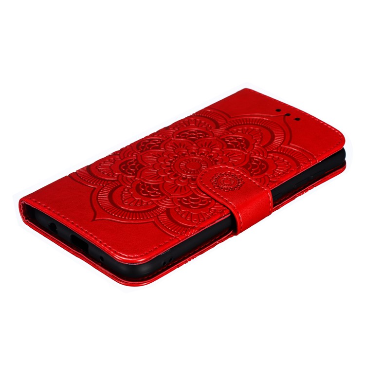 For Samsung Galaxy M10 Imprint Mandala Flower Wallet Leather Cover Phone Case - Red-5