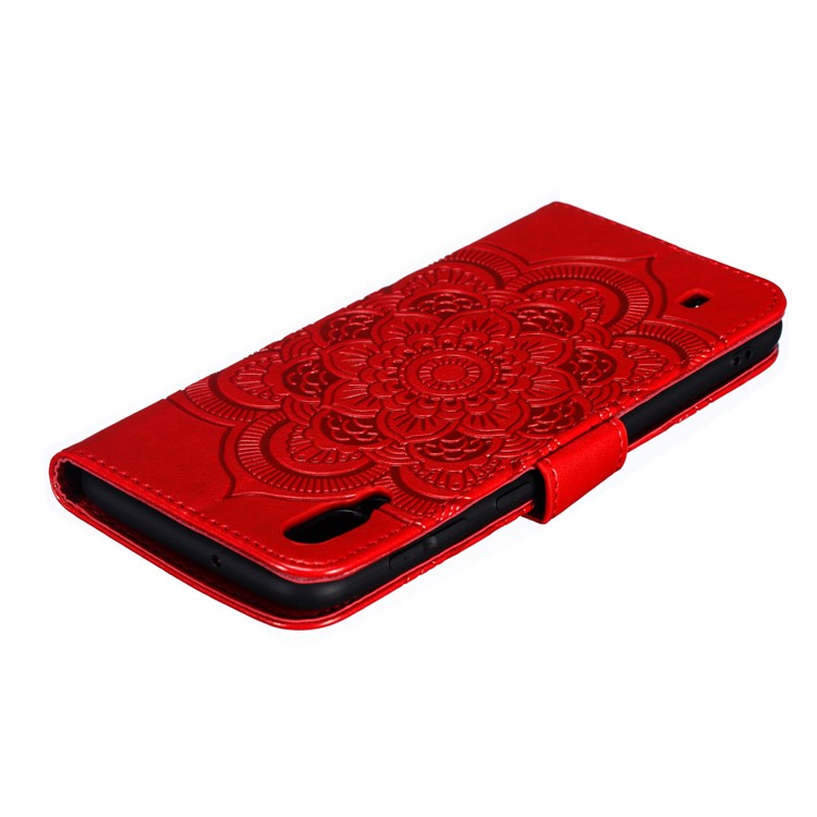 For Samsung Galaxy M10 Imprint Mandala Flower Wallet Leather Cover Phone Case - Red-6