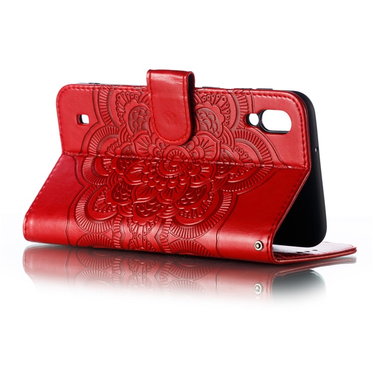 For Samsung Galaxy M10 Imprint Mandala Flower Wallet Leather Cover Phone Case - Red-7