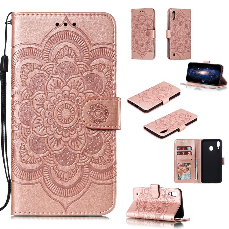 For Samsung Galaxy M10 Imprint Mandala Flower Wallet Leather Cover Phone Case - Rose Gold-1