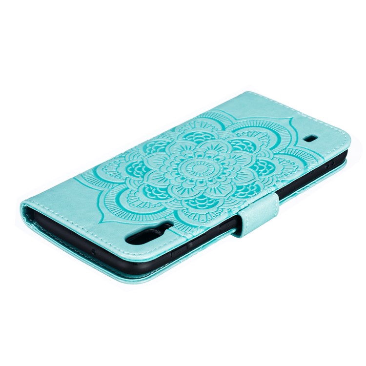 For Samsung Galaxy M10 Imprint Mandala Flower Wallet Leather Cover Phone Case - Green-6