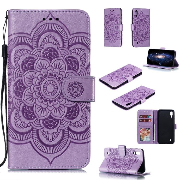 For Samsung Galaxy M10 Imprint Mandala Flower Wallet Leather Cover Phone Case - Purple-1