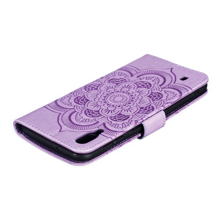 For Samsung Galaxy M10 Imprint Mandala Flower Wallet Leather Cover Phone Case - Purple-6