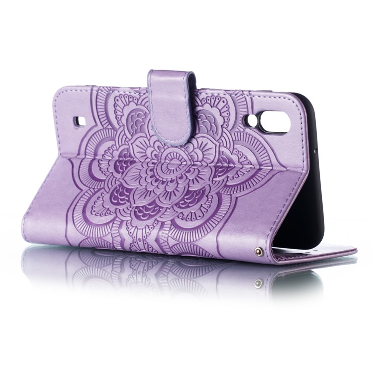 For Samsung Galaxy M10 Imprint Mandala Flower Wallet Leather Cover Phone Case - Purple-7