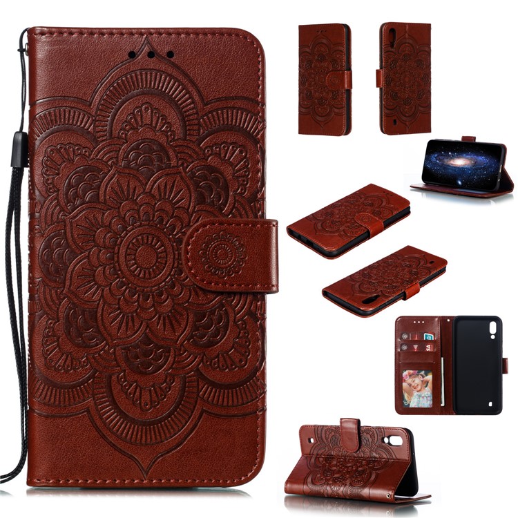 For Samsung Galaxy M10 Imprint Mandala Flower Wallet Leather Cover Phone Case - Brown-1
