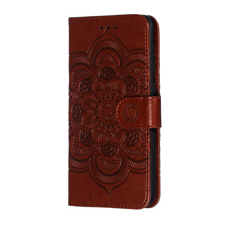 For Samsung Galaxy M10 Imprint Mandala Flower Wallet Leather Cover Phone Case - Brown-3