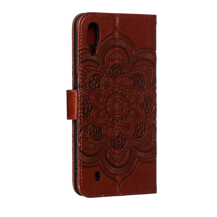 For Samsung Galaxy M10 Imprint Mandala Flower Wallet Leather Cover Phone Case - Brown-4