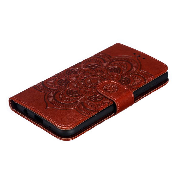 For Samsung Galaxy M10 Imprint Mandala Flower Wallet Leather Cover Phone Case - Brown-5