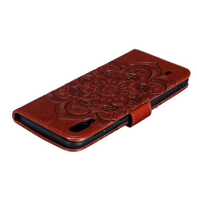 For Samsung Galaxy M10 Imprint Mandala Flower Wallet Leather Cover Phone Case - Brown-6