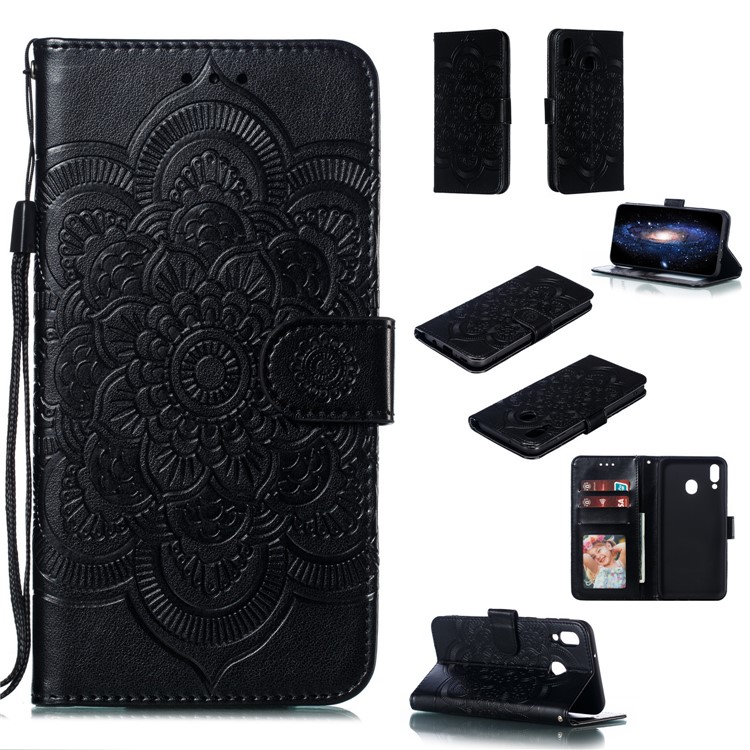 For Samsung Galaxy M20 Imprint Mandala Flower Leather Wallet Case Phone Cover - Black-1