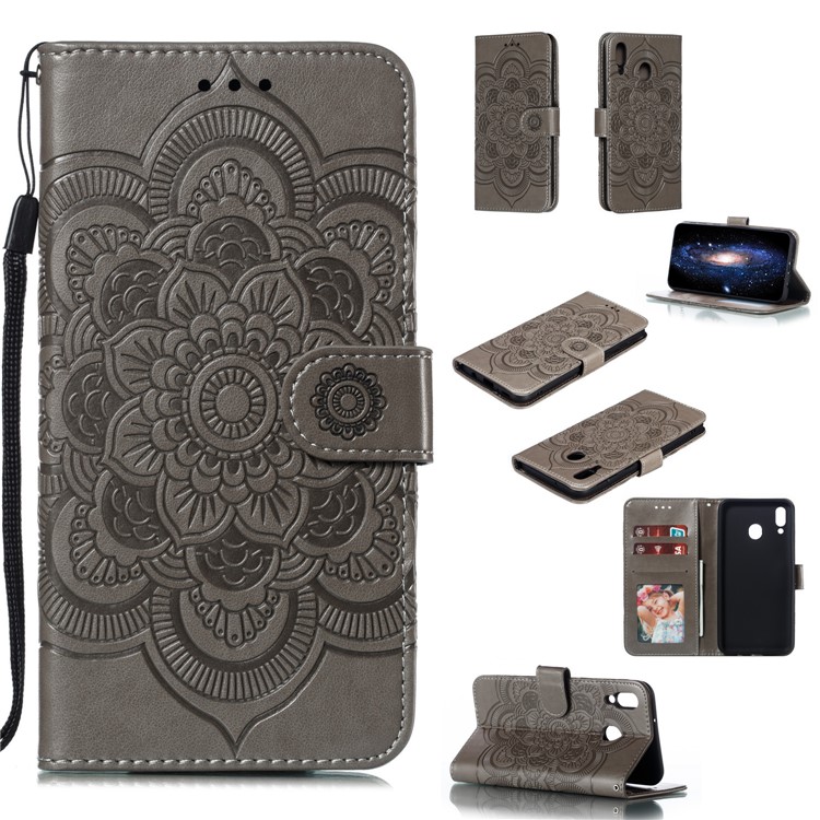 For Samsung Galaxy M20 Imprint Mandala Flower Leather Wallet Case Phone Cover - Grey-1