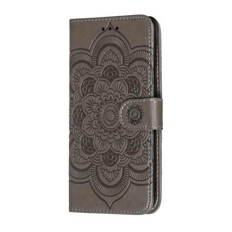 For Samsung Galaxy M20 Imprint Mandala Flower Leather Wallet Case Phone Cover - Grey-3
