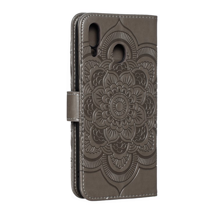 For Samsung Galaxy M20 Imprint Mandala Flower Leather Wallet Case Phone Cover - Grey-4