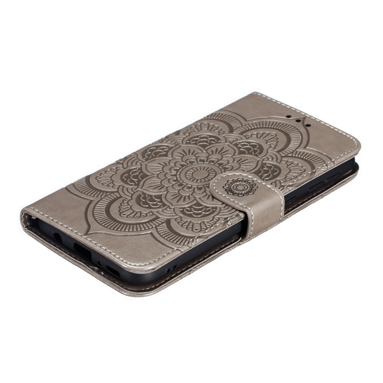 For Samsung Galaxy M20 Imprint Mandala Flower Leather Wallet Case Phone Cover - Grey-5