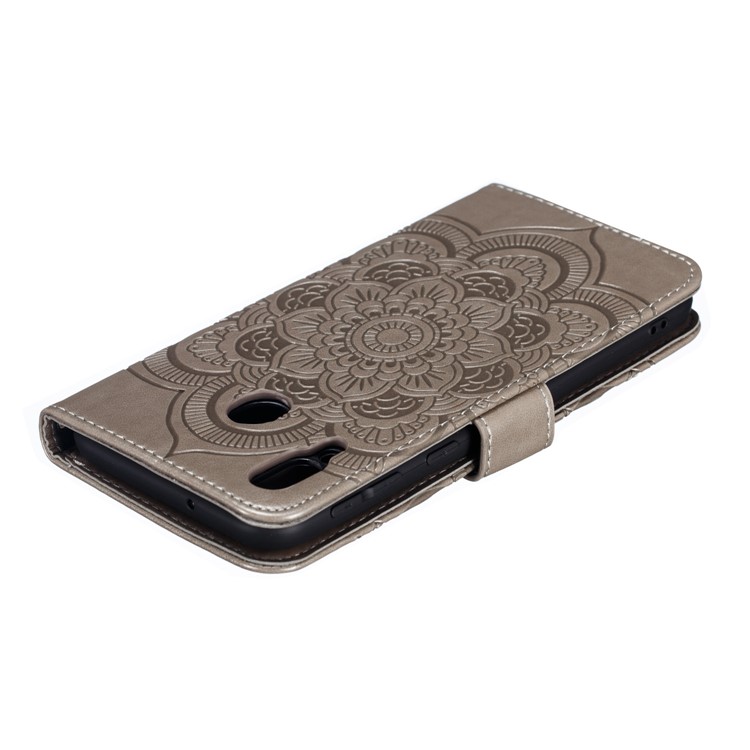 For Samsung Galaxy M20 Imprint Mandala Flower Leather Wallet Case Phone Cover - Grey-6