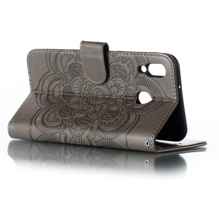 For Samsung Galaxy M20 Imprint Mandala Flower Leather Wallet Case Phone Cover - Grey-7
