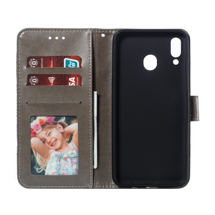For Samsung Galaxy M20 Imprint Mandala Flower Leather Wallet Case Phone Cover - Grey-9